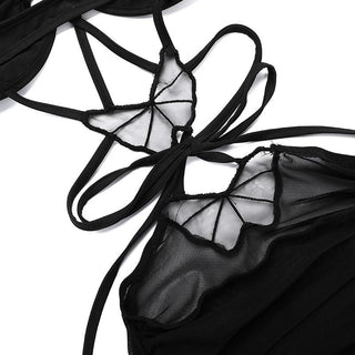 Cross front butterfly mesh hollow out cami cut out mini dress
