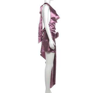 Cowl neck halter flower applique knotted mini dress