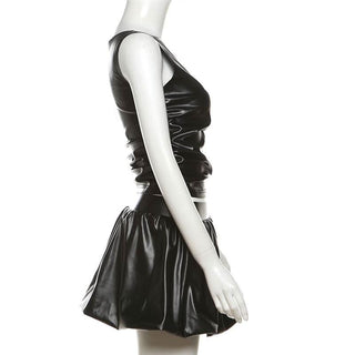 Irregular one shoulder PU leather ruched mini skirt set