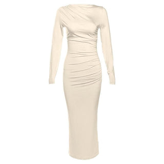 Ruched solid long sleeve zip-up maxi dress