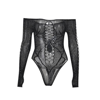 Off shoulder long sleeve beaded hollow out fishnet bodysuit