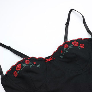 Sweetheart neck rose embroidery bowknot cami mini dress