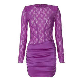 Lace see through satin ruched hollow out long sleeve cut out mini dress