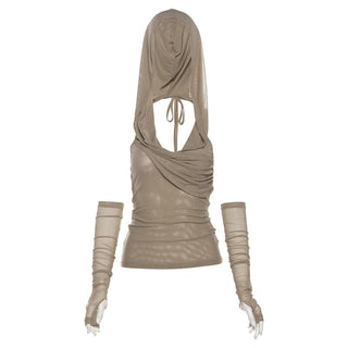 Hoodie gloves sheer mesh top