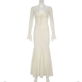 V neck long sleeve lace bowknot maxi dress