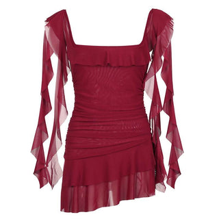 Square neck ruffle mesh ruched cami mini dress