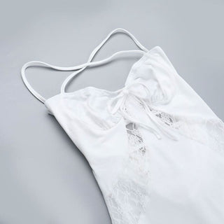 Self tie cross back v neck lace ruched midi dress