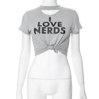 Short sleeve letter print crewneck hollow out crop cut out top