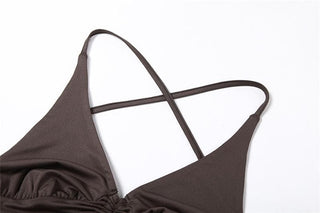 Long sleeves V neck halter ruched solid 2 piece top