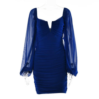 Mesh solid long sleeve ruched notch neck zip-up mini dress