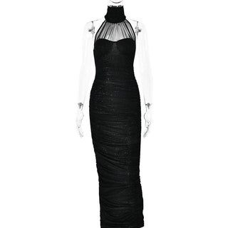 High neck ruched glitter zip-up slit backless maxi dress