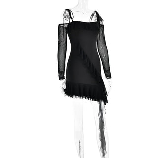 Ruffle self tie irregular off shoulder mesh long sleeve mini dress