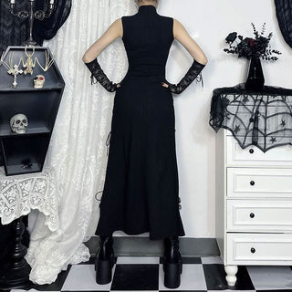 Zip-up high slit lace up see through high neck midi dress