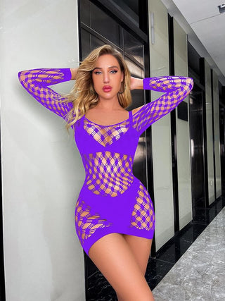 Long sleeve off shoulder hollow out fishnet cut out mini dress