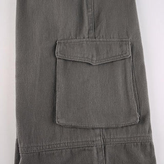 Tie waist pocket button solid straight leg cargo jeans
