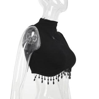 Sleeveless high neck moon pattern beaded crop top