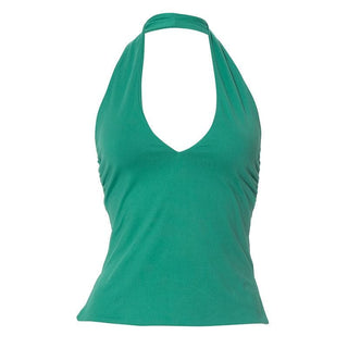 Halter v neck ruched slit backless top