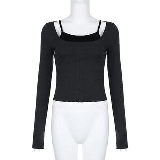 Contrast patchwork long sleeve round neck top