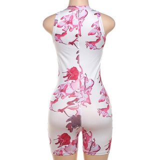 U neck zip-up print stitch tank romper