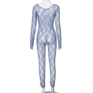 Long sleeve see through bowknot lace jumpsuit