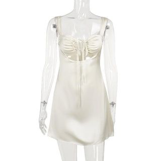 Drawstring ruched satin hollow out cami cut out mini dress