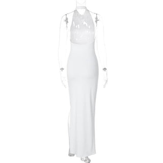 Slit halter sleeveless solid backless ruched maxi dress