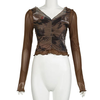 Long sleeve v neck ruched ruffle print sheer mesh stitch top