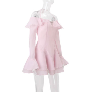 Halter off shoulder long sleeve ruffle metal applique mini dress