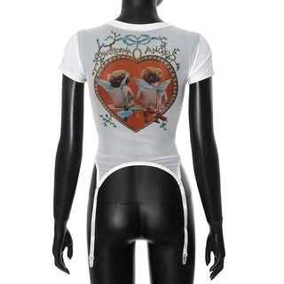 Crewneck short sleeve hollow out mesh print cut out top