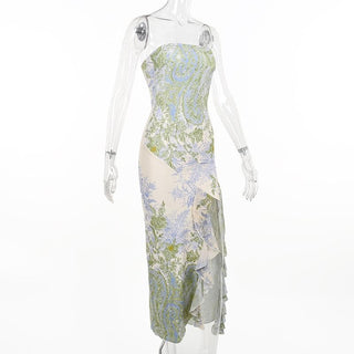 Flower print slit irregular contrast backless maxi dress