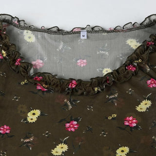 Long sleeve flower print mesh ruffle crop top