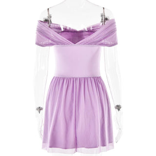 Short sleeve off shoulder knotted mesh patchwork mini dress