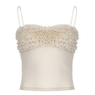 Ruched ruffle sheer mesh cami top