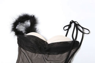 Feather self tie mesh v neck cami mini dress