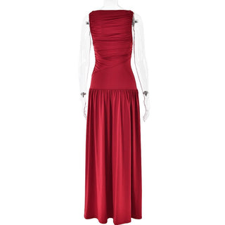 Ruched solid crewneck sleeveless maxi dress