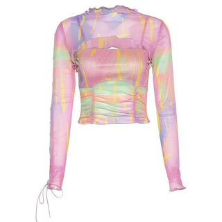 Long sleeve ruffled hollow out mesh cut out top