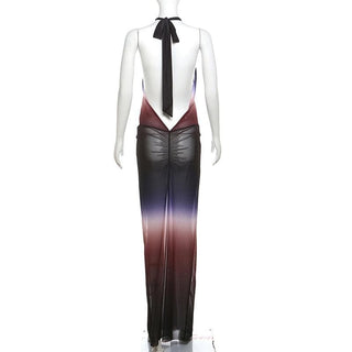 Ruched halter self tie cross front sheer mesh gradient maxi dress