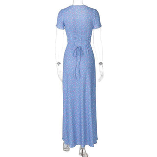 U neck flower print lace up maxi dress