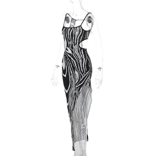 Zebra print contrast irregular slit hollow out backless cut out midi dress