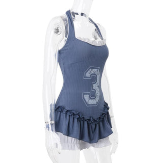 Halter â€œ3â€ print ribbed ruffle lace hem pant set