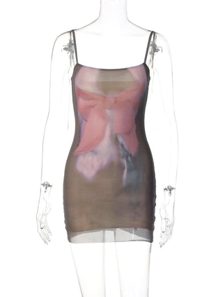 U neck print backless cami mini dress