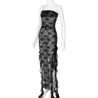 Slit ruffle lace see through solid tube maxi dress
