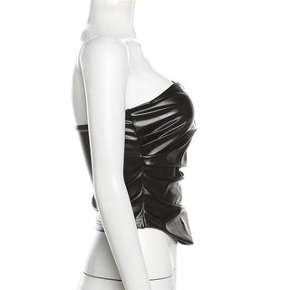 PU leather ruched sweetheart neck solid tube top