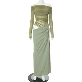 Off shoulder long sleeve mesh patchwork ruched hollow out maix dress