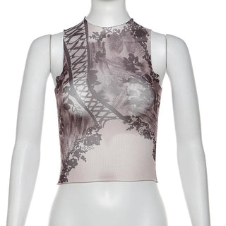 Sleeveless high neck print sheer mesh top
