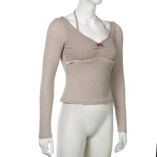 Long sleeve halter bowknot lace hem top