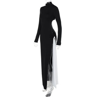 High neck long sleeve hollow out slit knotted cut out maxi dress