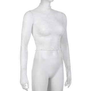 Long sleeve high neck lace see through top