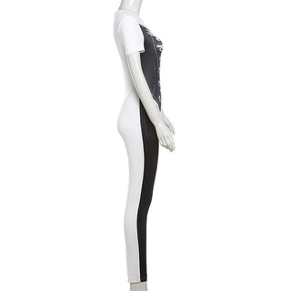 Short sleeve crewneck body print zip-up jumpsuit