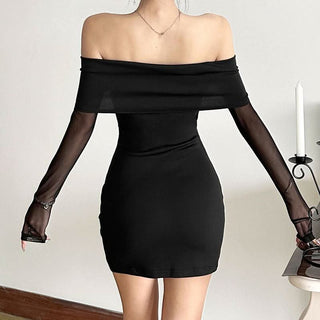 Off shoulder long sleeve mesh bowknot mini dress